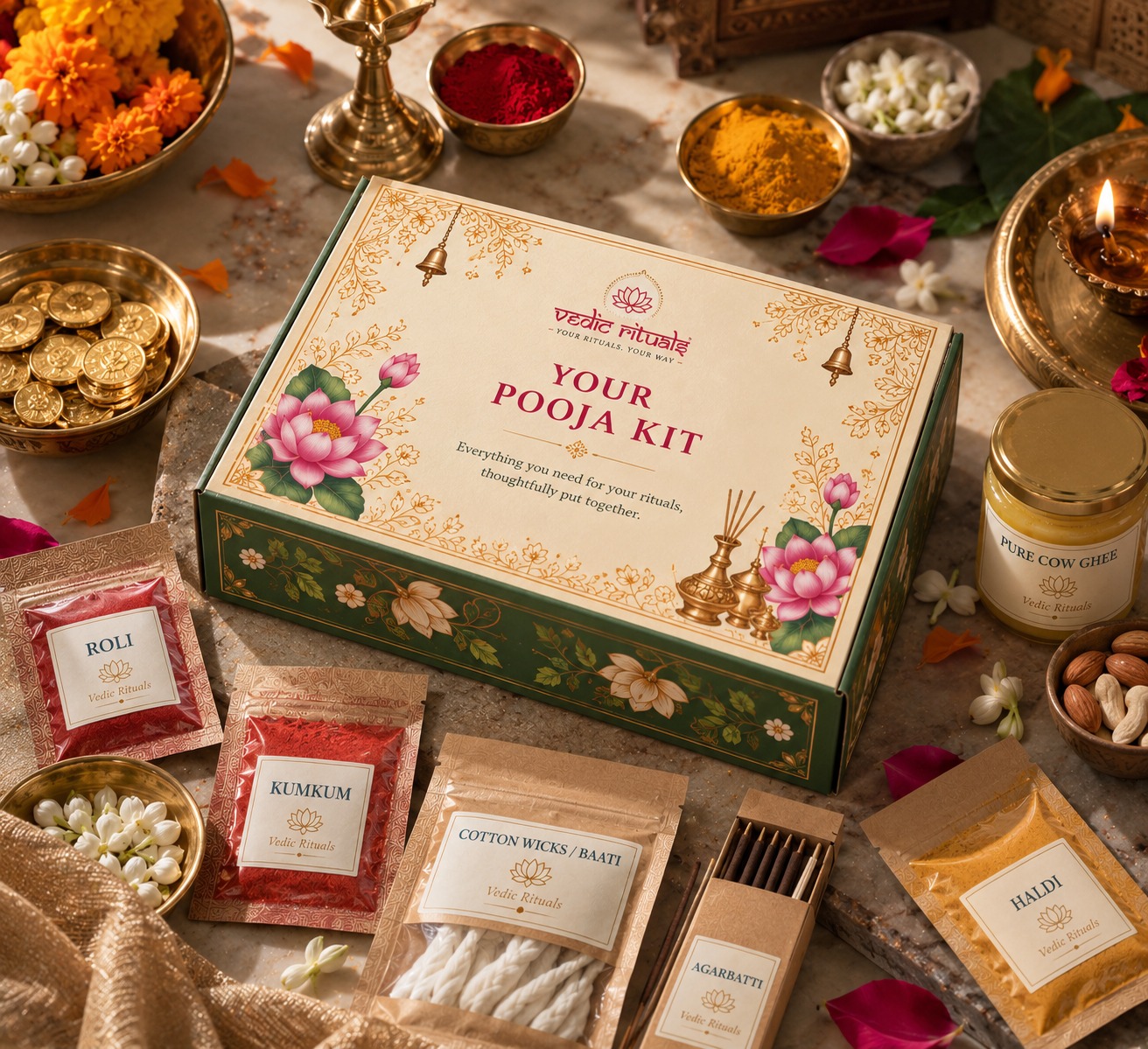 Open Vedic Rituals kit with counted, labelled samagri