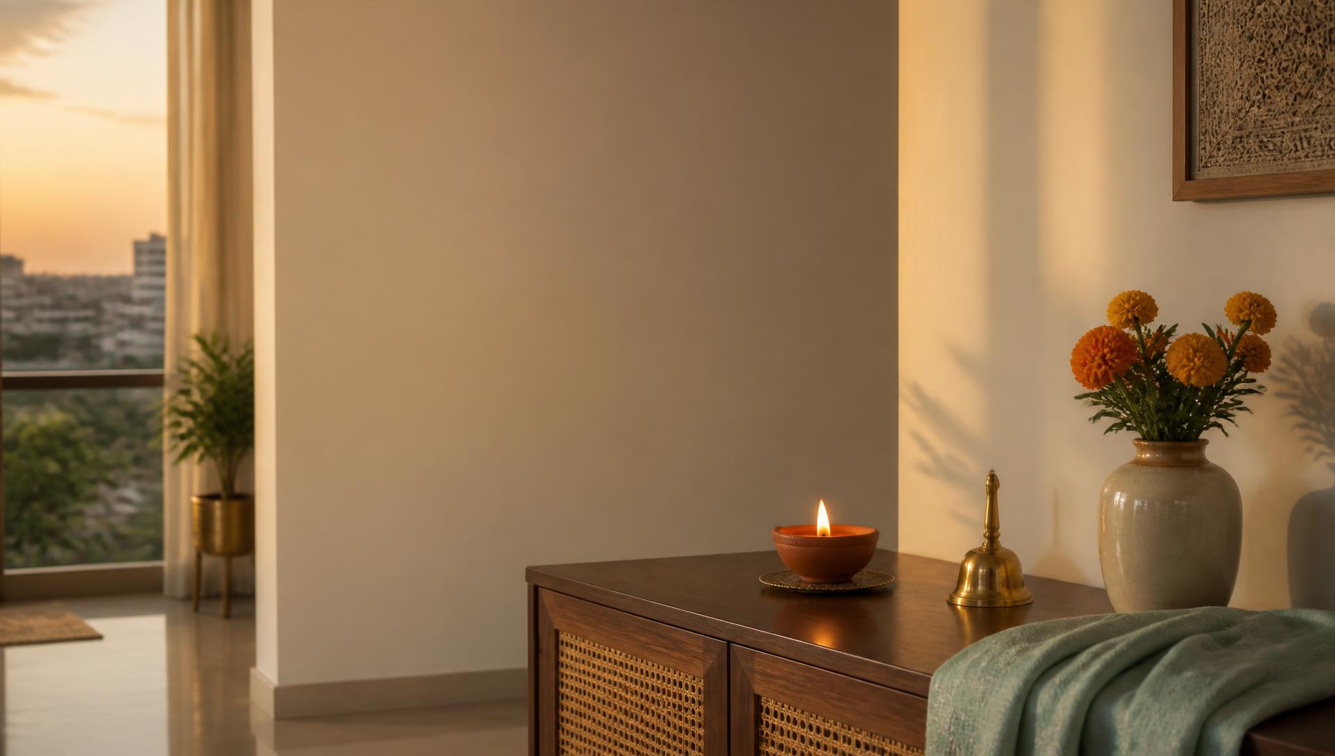 A lit clay diya and brass bell on a wooden console in a modern Indian home at dusk